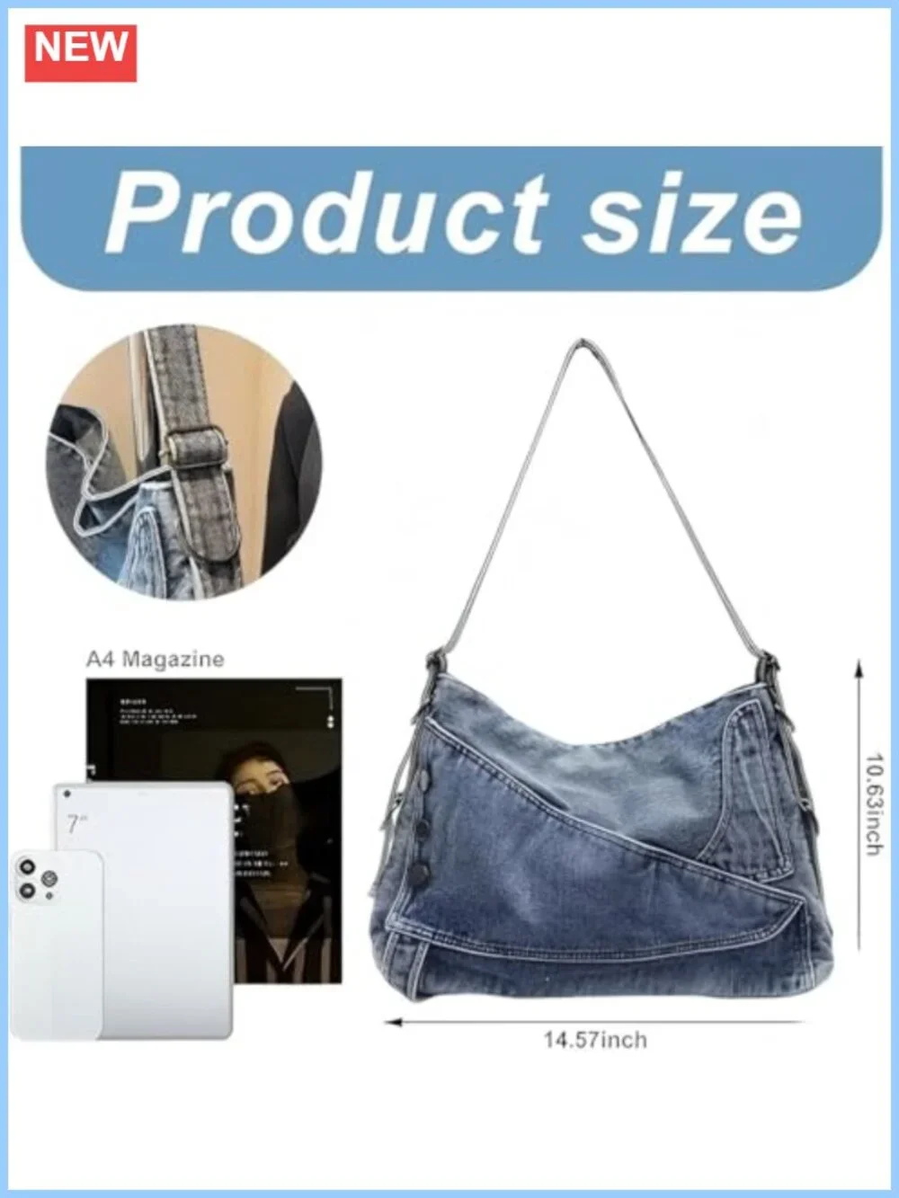 Women's Denim Shoulder Bag Vintage Crossbody Tote Large Capacity Hobo